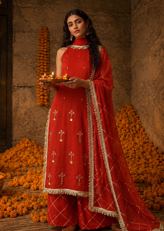 Halter Key Hole Straight Kurta Set - Kesar Orange