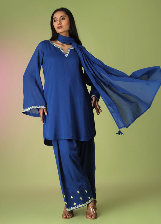 Royal Blue Short Kurta with Farshi Shalwar Set | Jovi Fashion India