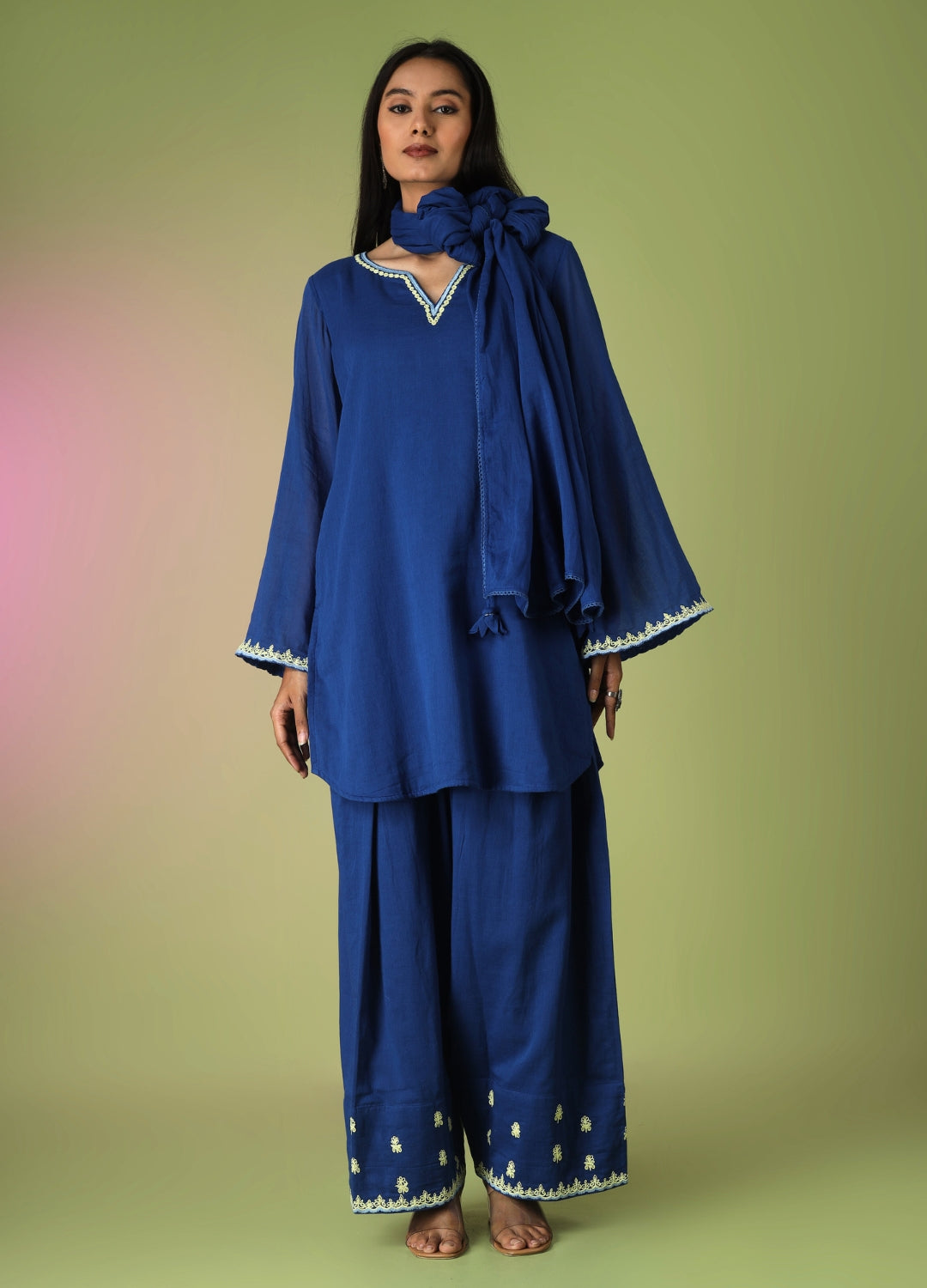 Royal Blue Short Kurta with Farshi Shalwar Set | JOVI Fashion India