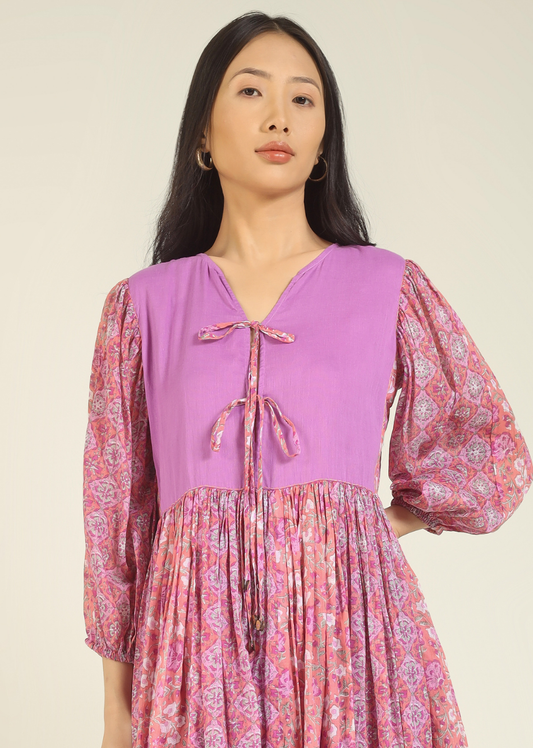 Pink Printed Front Double Knot Dress | Jovi Fashion India