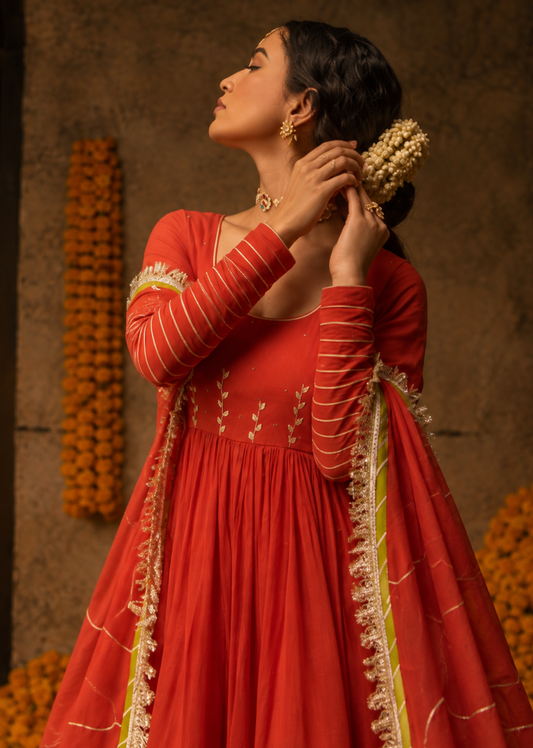 Round Neck Anarkali Suit Set - Kesar Orange