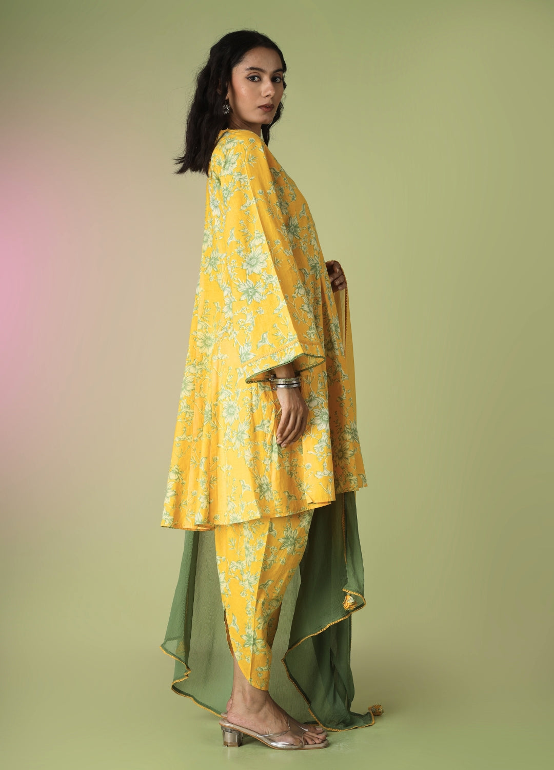 Yellow Collar Neck Short Kurta with Tulip Pants | JOVI India