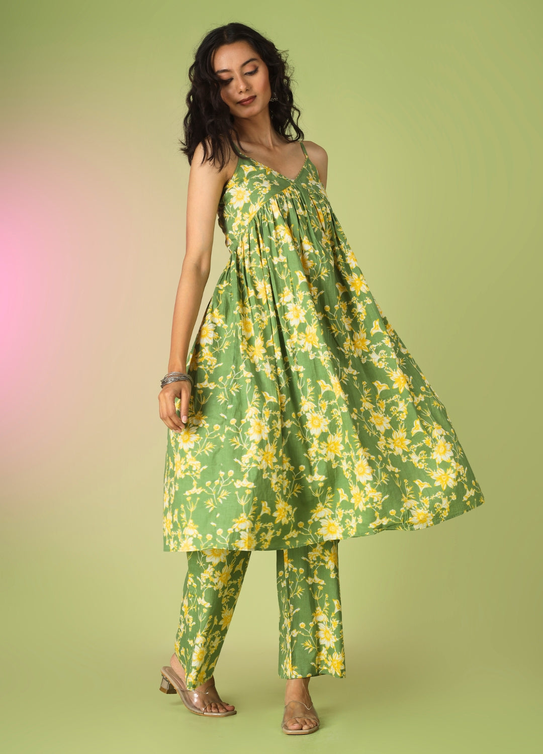 Green Printed Strappy Kurta with Palazzo | JOVI India