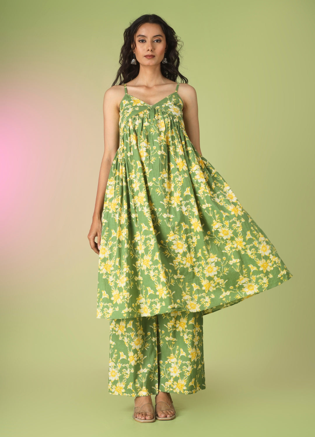 Green Printed Strappy Kurta with Palazzo | JOVI India