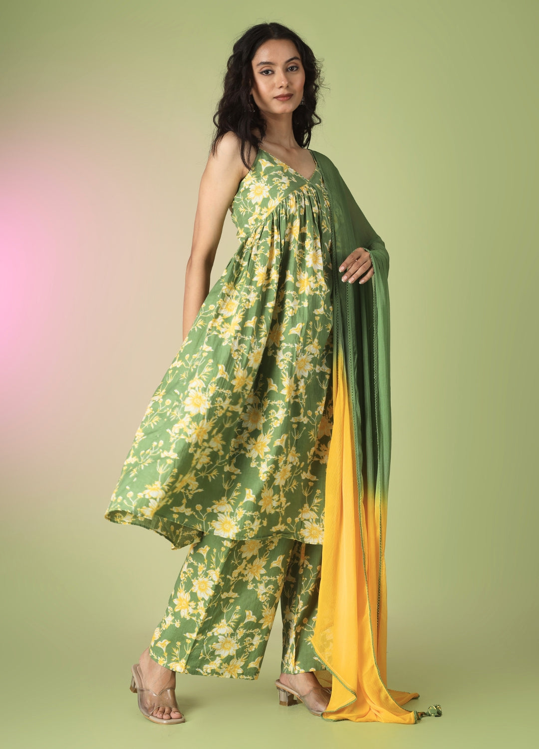 Green Printed Strappy Kurta with Palazzo | JOVI India