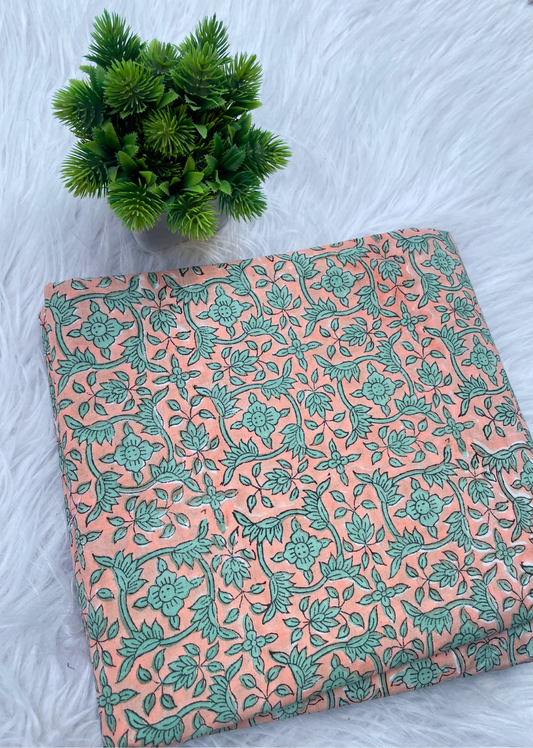 Peach Flowery Hand Block Printed Fabric | Jovi India