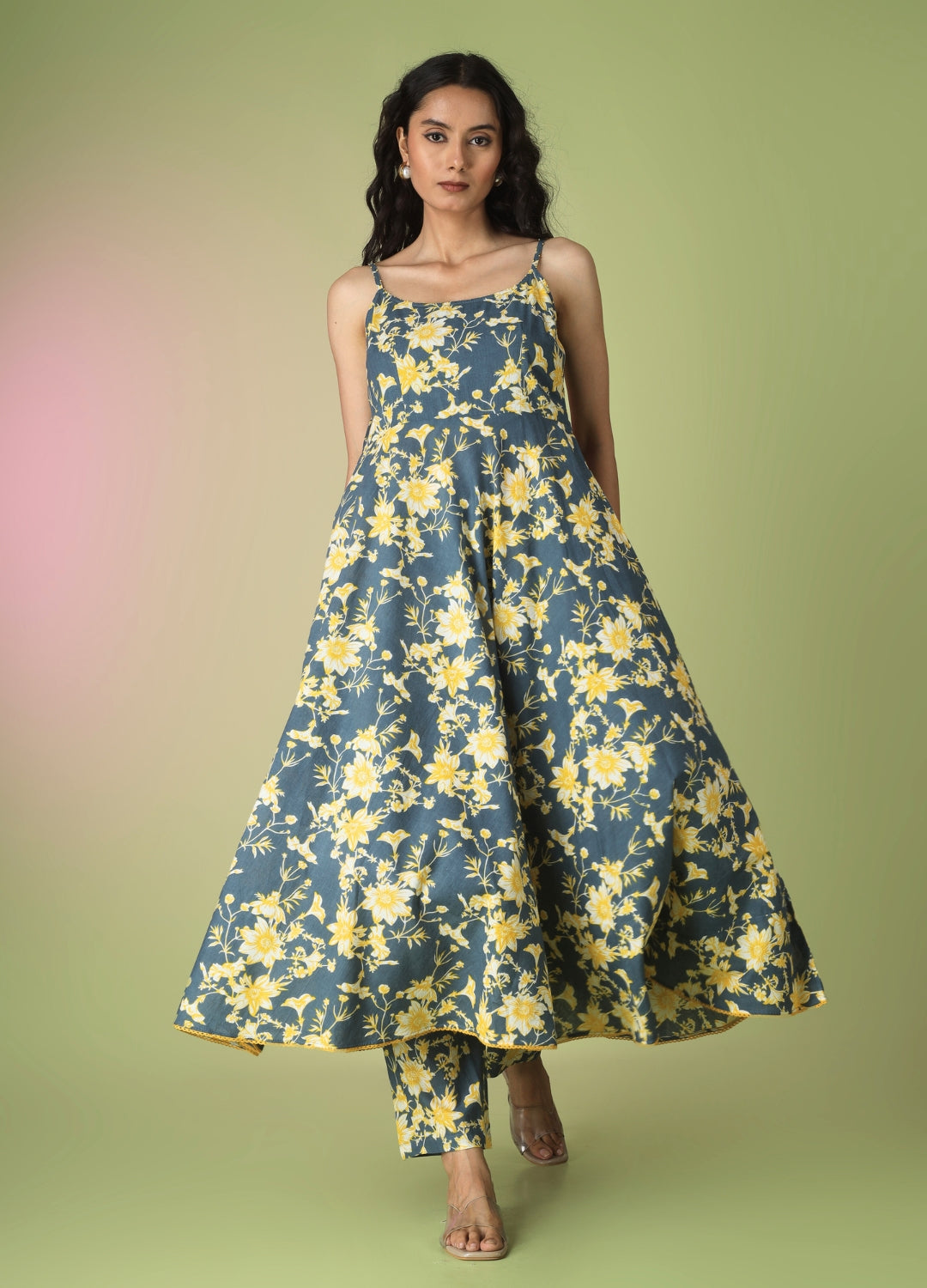 Blue Printed Strappy Anarkali Set | JOVI India