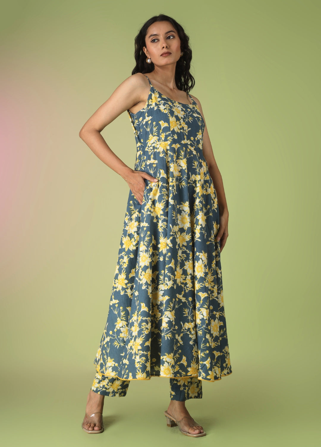 Blue Printed Strappy Anarkali Set | JOVI India