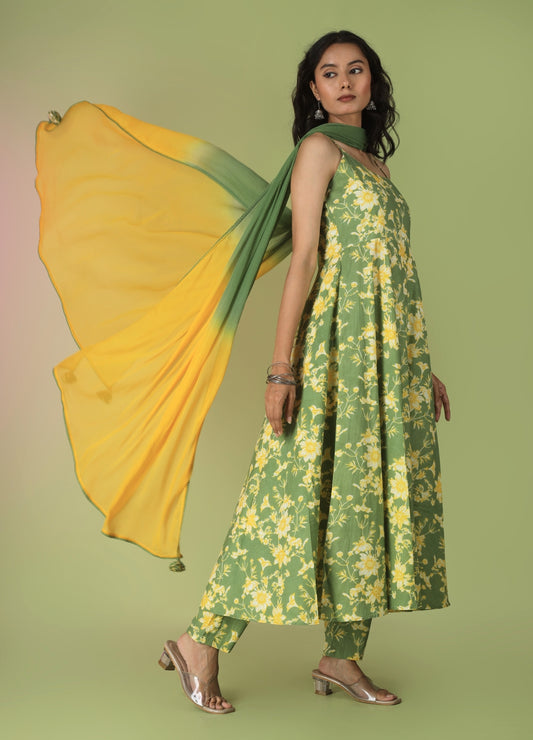 Green Printed Strappy Anarkali Set | Jovi Fashion India