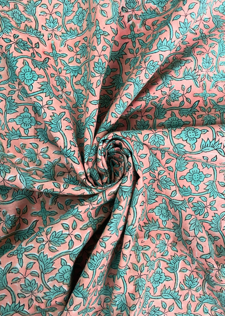 Peach Jaal Hand Block Printed Cotton Fabric | JOVI India