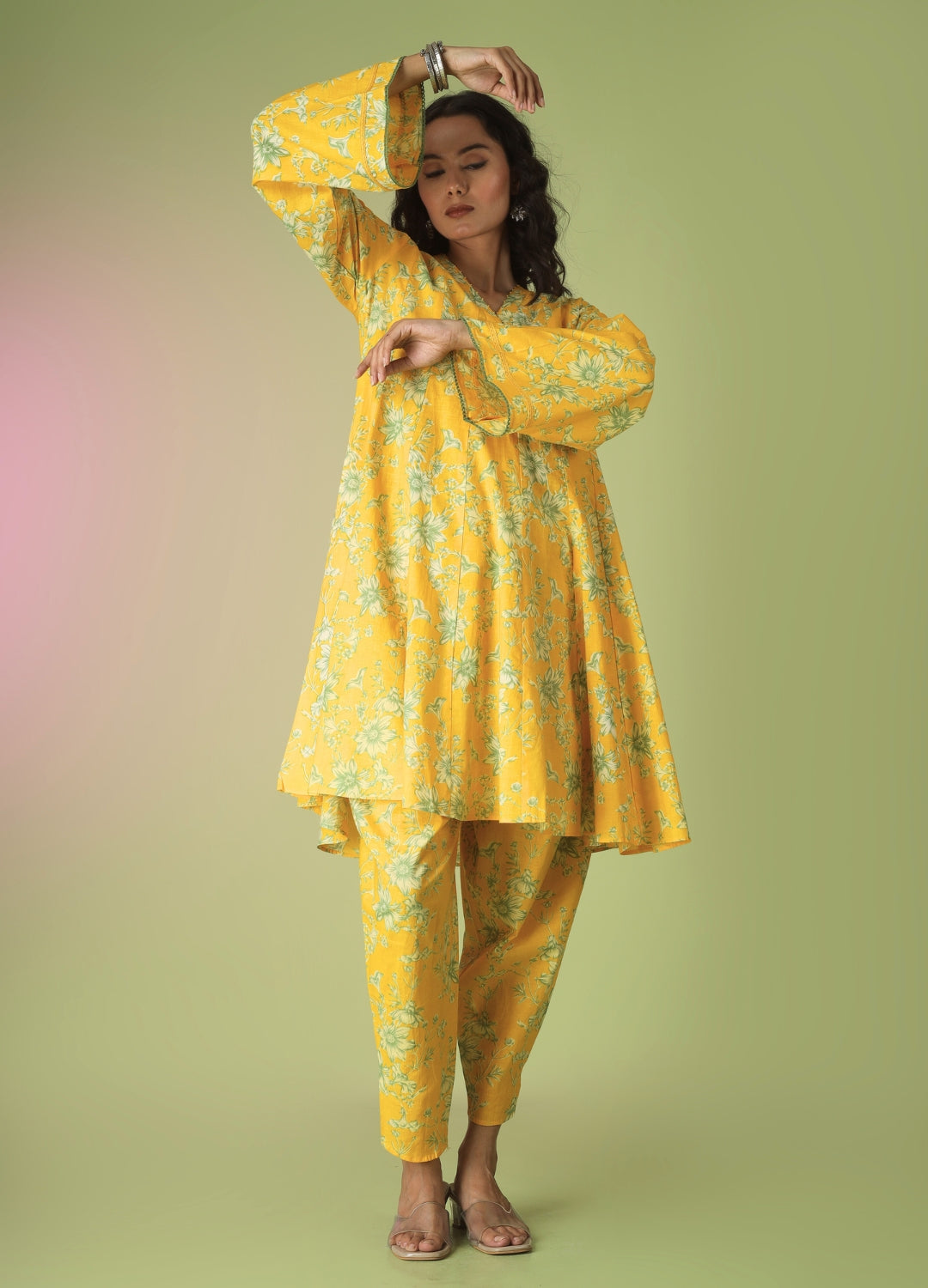 Yellow Collar Neck Short Kurta with Tulip Pants | JOVI India