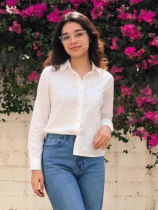 White Floral Embroidered Shirt