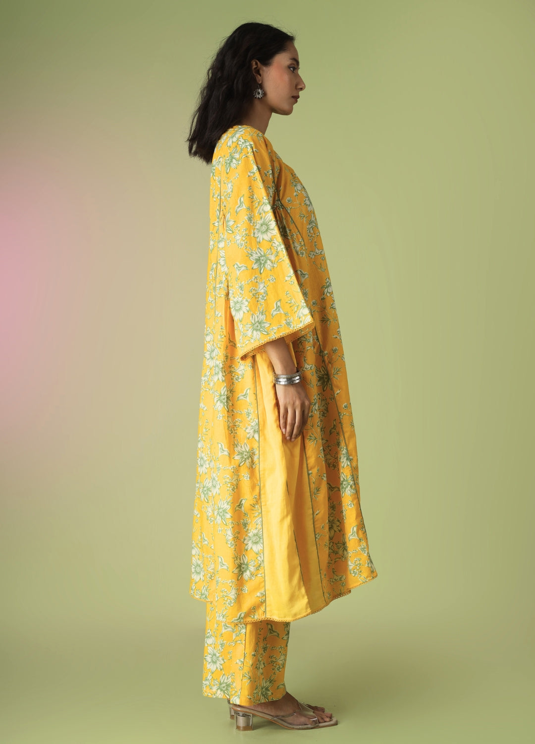 Yellow Printed Side Gathered Anarkali Set | JOVI India