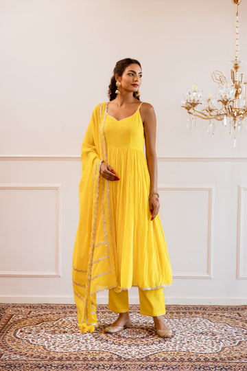 Jiyara Neon Yellow Strappy Anarkali Suit Set - Ready to Ship