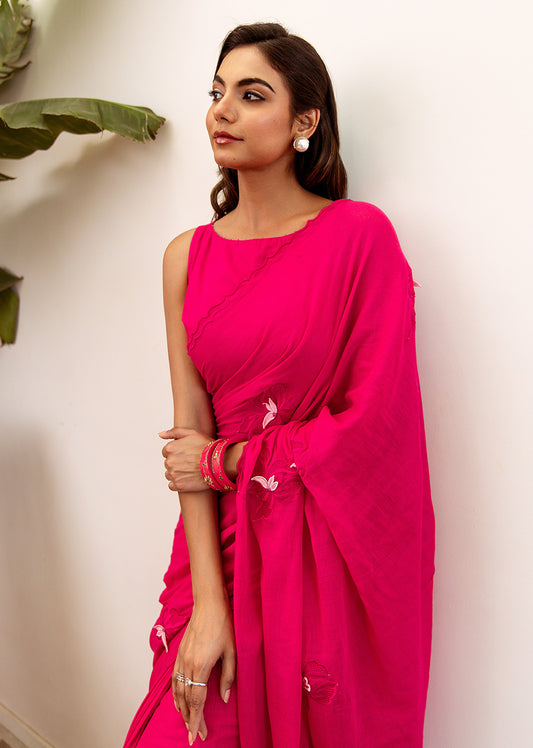 Rani Pink Embroidered Ready to wear Saree | Jovi Fashion India