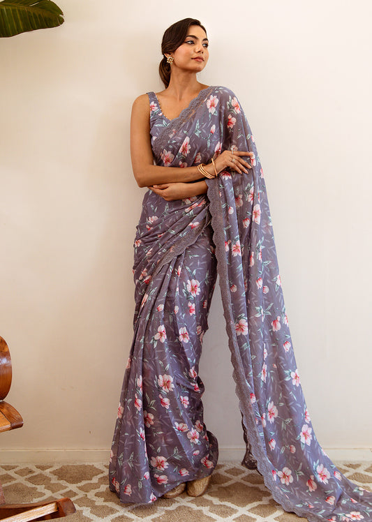 Grey Printed Ready to wear Saree | Jovi Fashion India