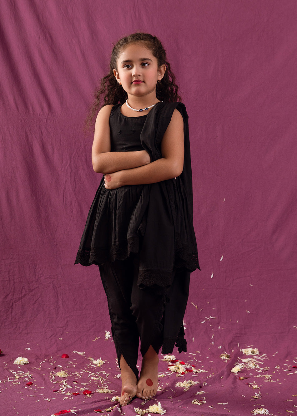 Trendy Black Peplum Top and Tulip Pants Dress Sets for Kids