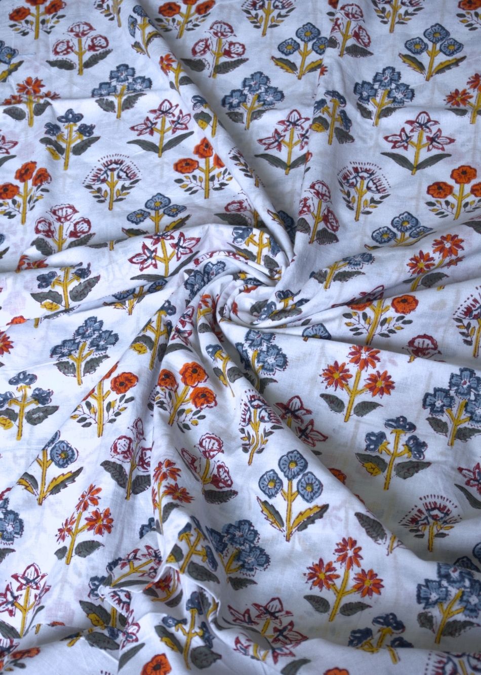 White Butti Hand Block Printed Cotton Fabric | JOVI India