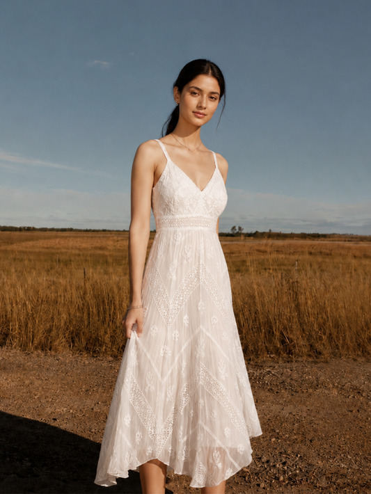 White Lacey Embroidered Maxi Dress | Jovi India