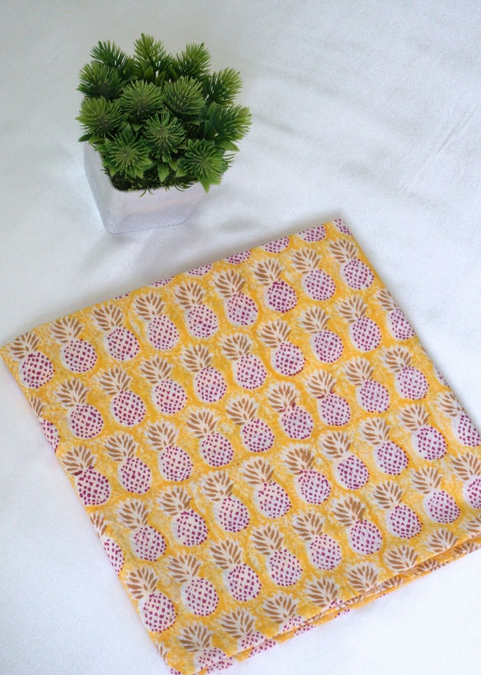 Yellow Pineapple Hand Block Printed Cotton Fabric | JOVI India