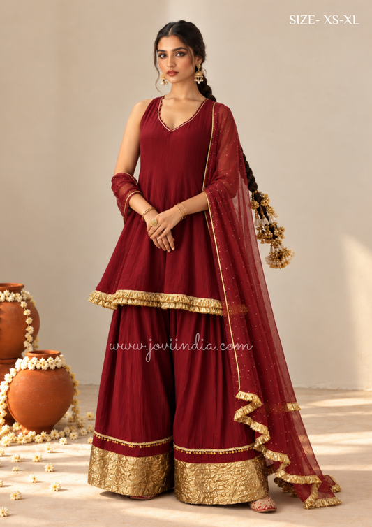 Chanderi Sleeveless Farshi Set -Cherry Red