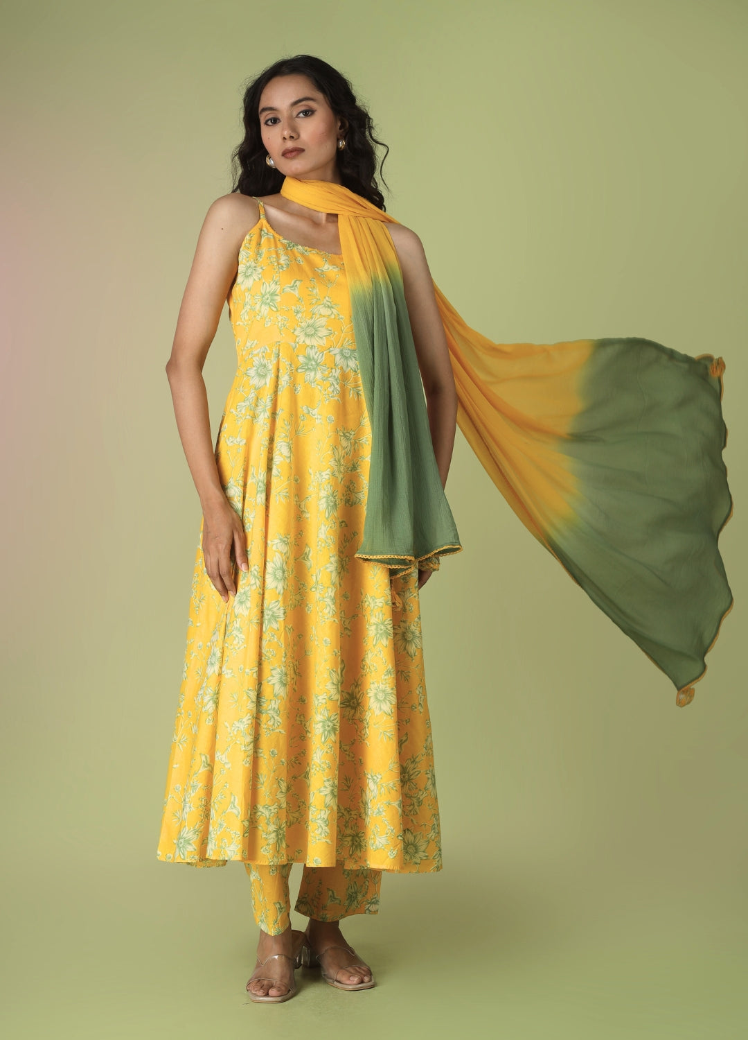 Yellow Printed Strappy Anarkali Set | JOVI India