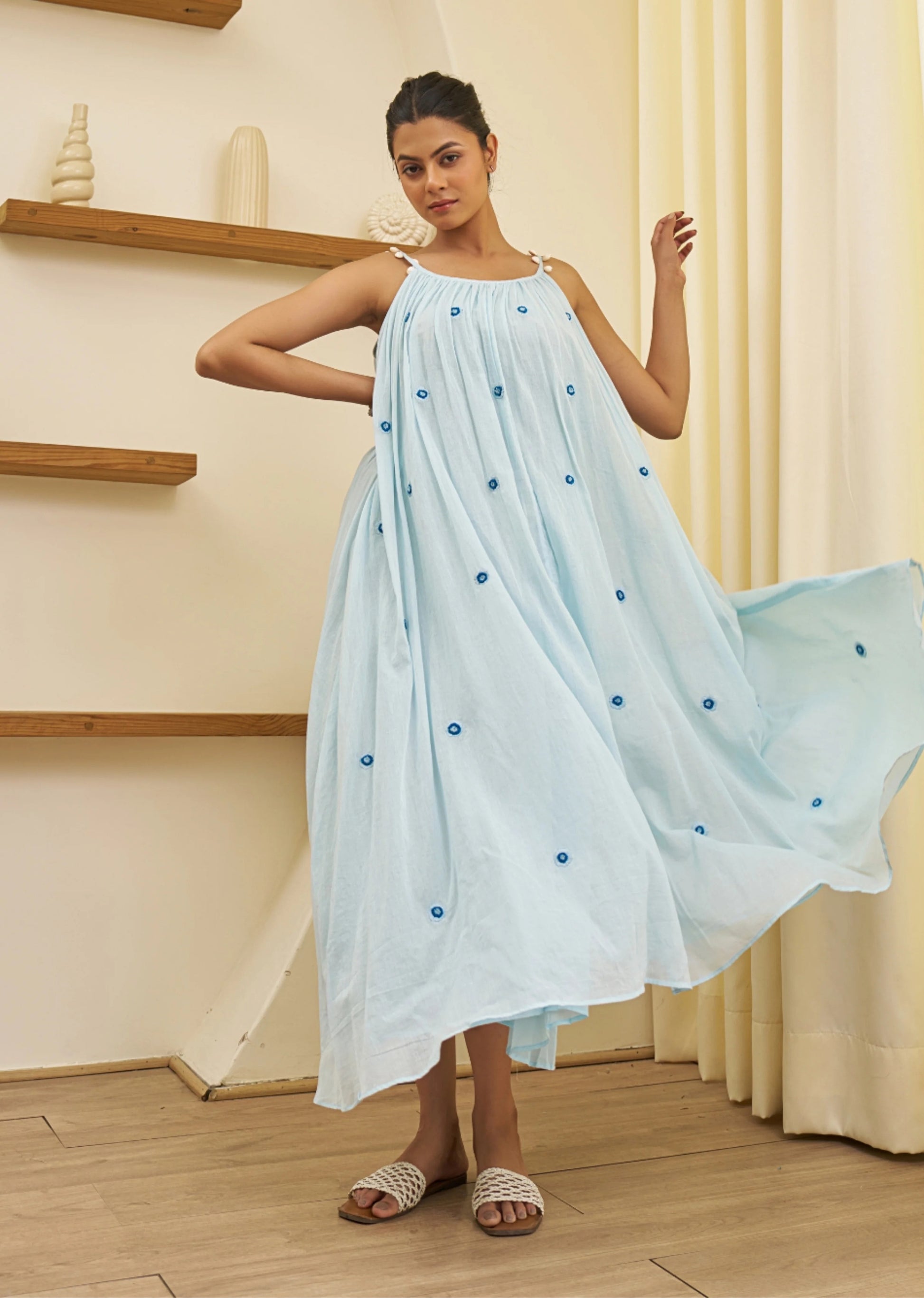 Blue Halter Embroidered Dress - Main Image