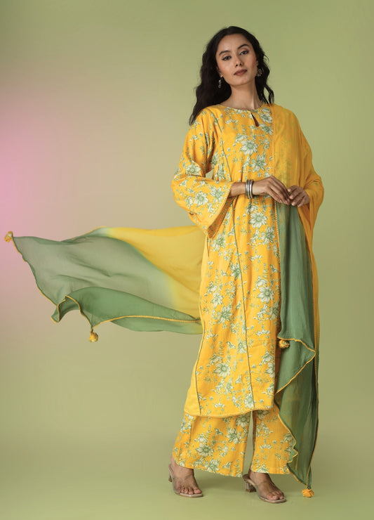 Yellow Printed Side Gathered Anarkali Set | Jovi Fashion India