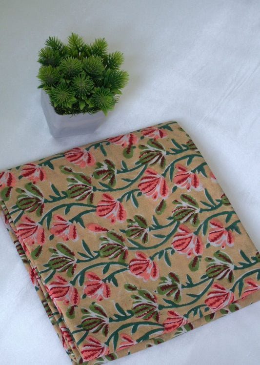 Brown Jaal Hand Block Printed Cotton Fabric (Border) | Jovi India