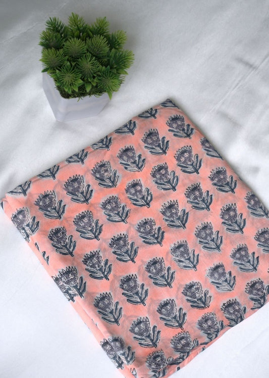 Peach Hand Block Printed Muslin Silk Fabric | Jovi India