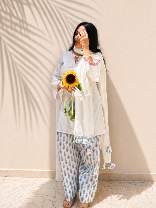 White Short Kurta with Farshi Shalwar Suit Set for women - JOVI India | Jovi India