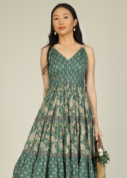 Green Strappy Multi Tiered Dress | Jovi Fashion India