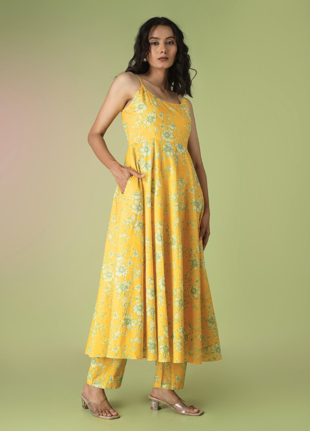 Yellow Printed Strappy Anarkali Set | JOVI India