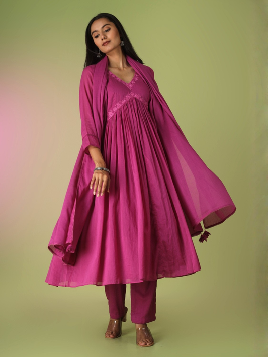 Raspberry Cross Gather Anarkali Set | Jovi India