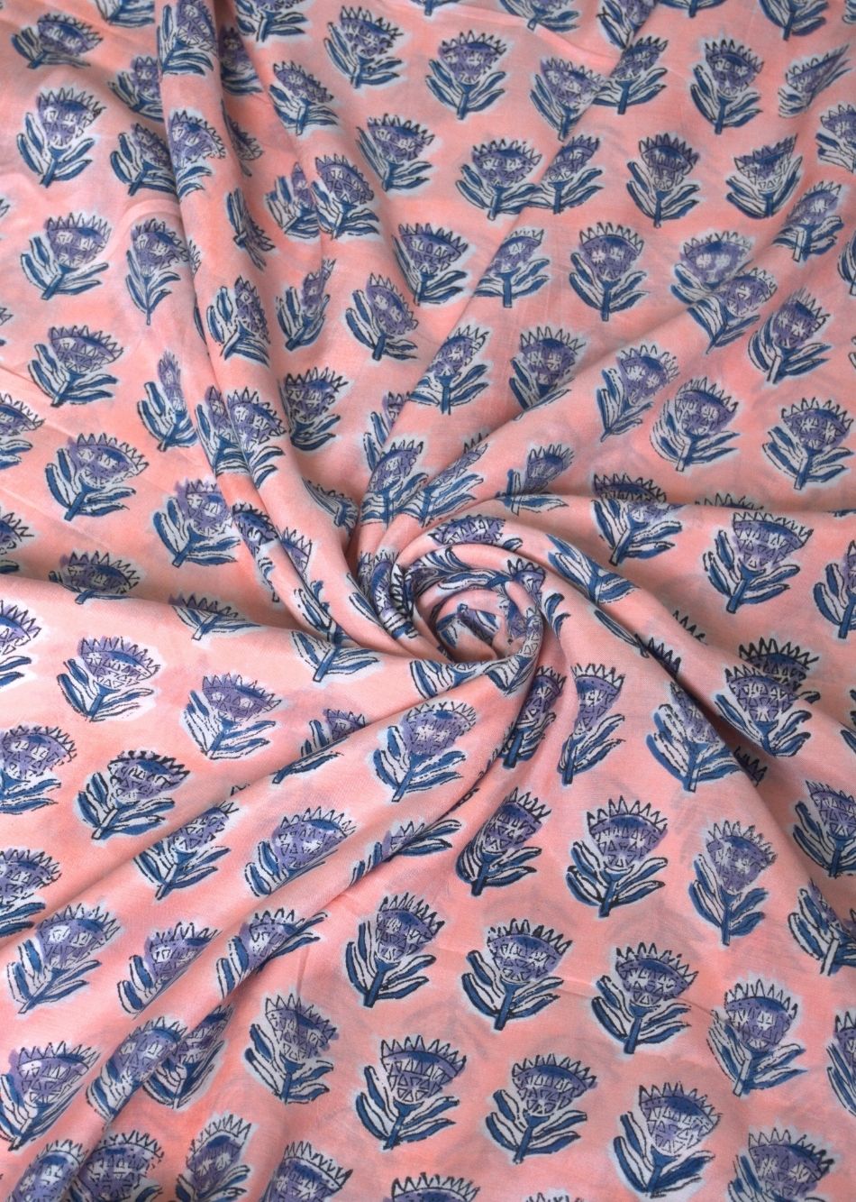 Peach Hand Block Printed Muslin Silk Fabric | JOVI India