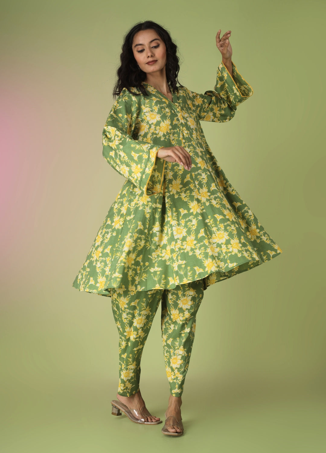 Green Printed Short Kurta with Tulip Pants | JOVI India