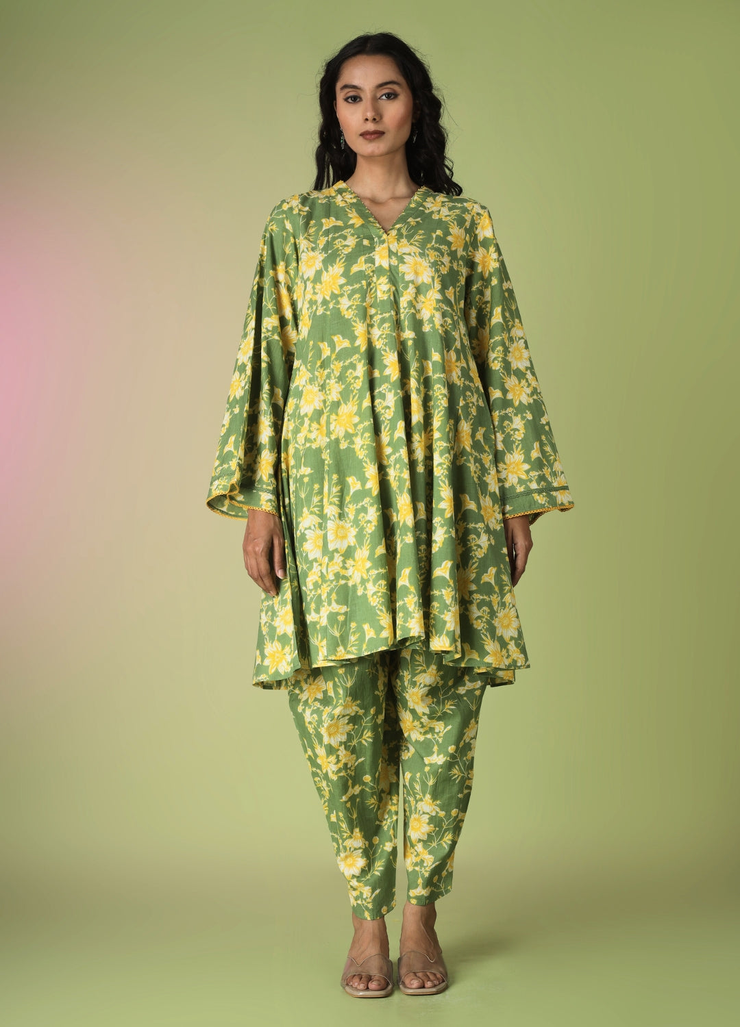 Green Printed Short Kurta with Tulip Pants | JOVI India