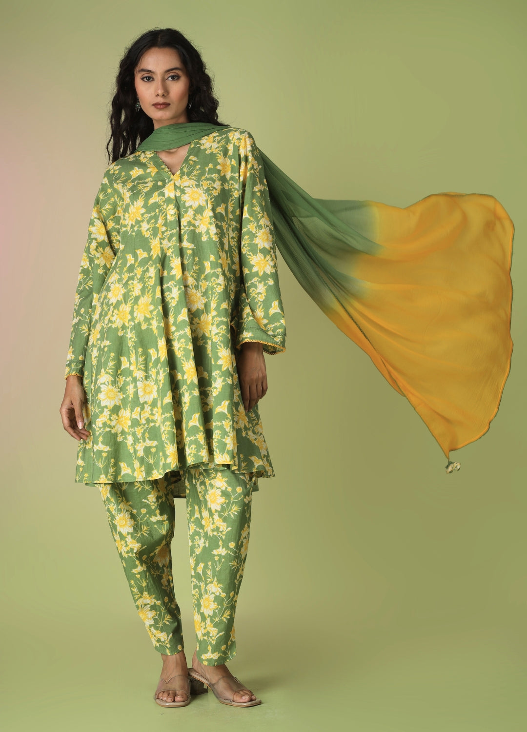 Green Printed Short Kurta with Tulip Pants | JOVI India