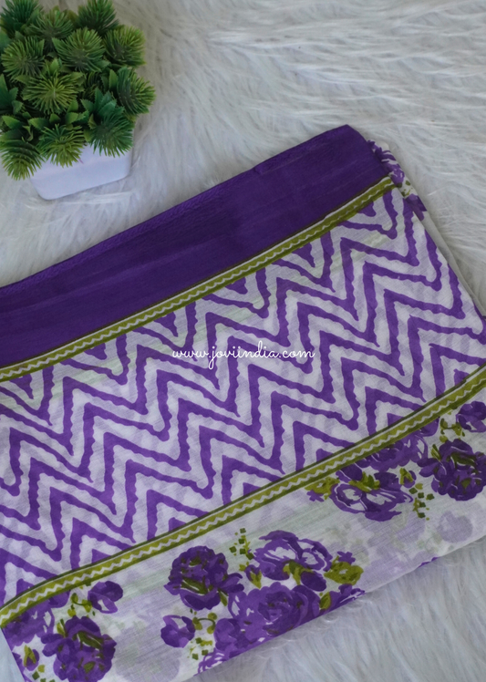 Purple Floral Cotton Mulmul Block Printed Fabric | Jovi Fashion India