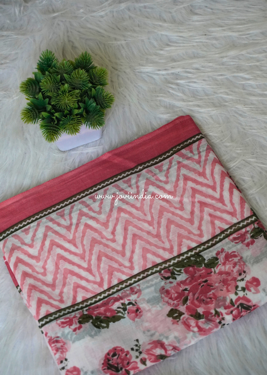 Pink Floral Block Cotton Mulmul Fabric | Jovi Fashion India