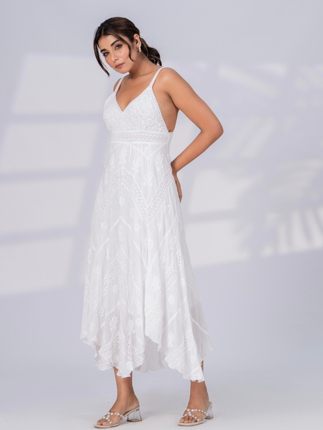 White Lacey Embroidered Maxi Dress | JOVI India