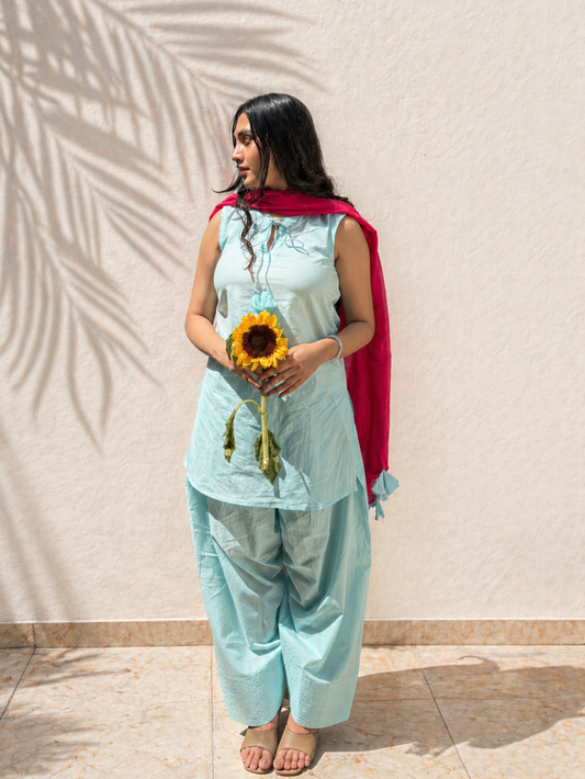 Blue Short Kurta with Farshi Shalwar Suit Set - JOVI India | Jovi India