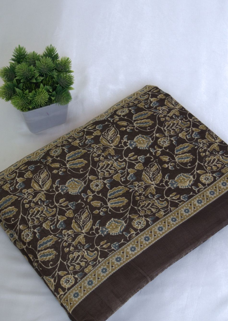Brown Jaal Butti Printed Mulmul Fabric | JOVI India