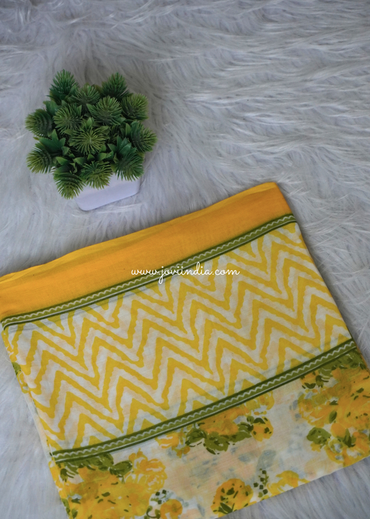 Yellow Floral Block Cotton Mulmul Fabric | Jovi Fashion India