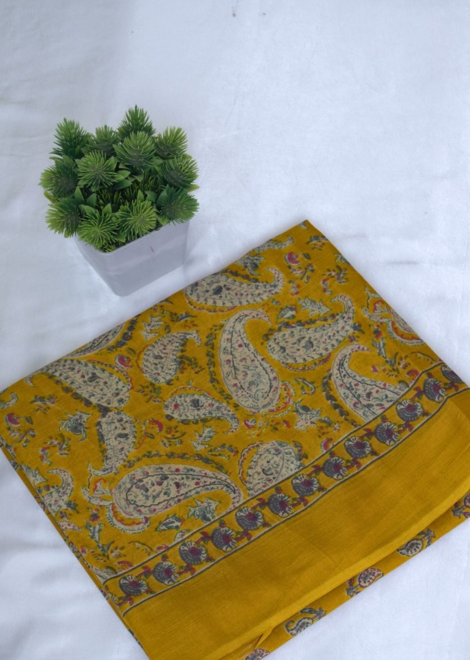 Mustard Paisley  Printed Mulmul Fabric | JOVI India