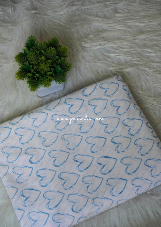 Heart Printed Cotton Block Fabric - Blue | Jovi Fashion India