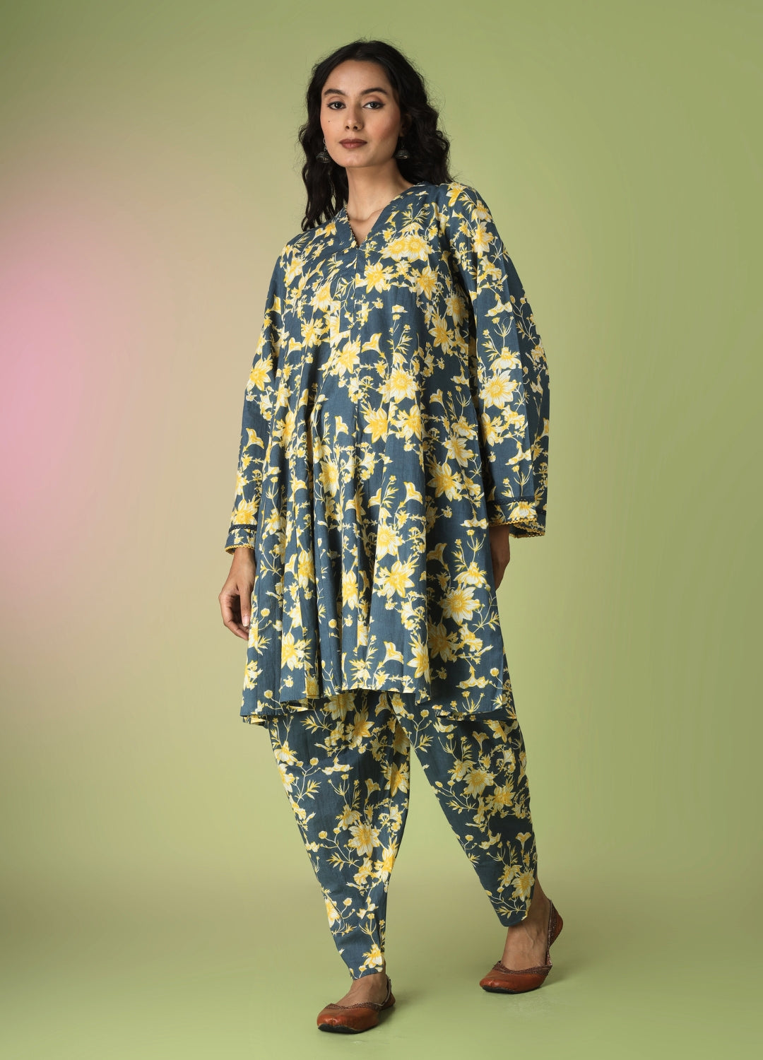 Blue Short Kurta with Tulip Pant Suit Set | JOVI India