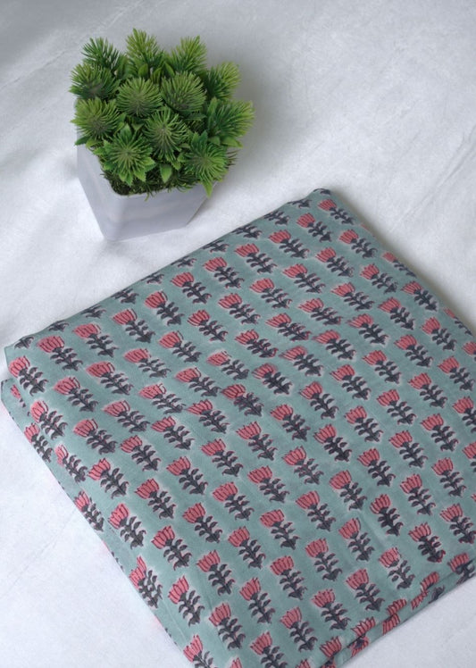 Blue Hand Block Printed Muslin Silk Fabric | Jovi India