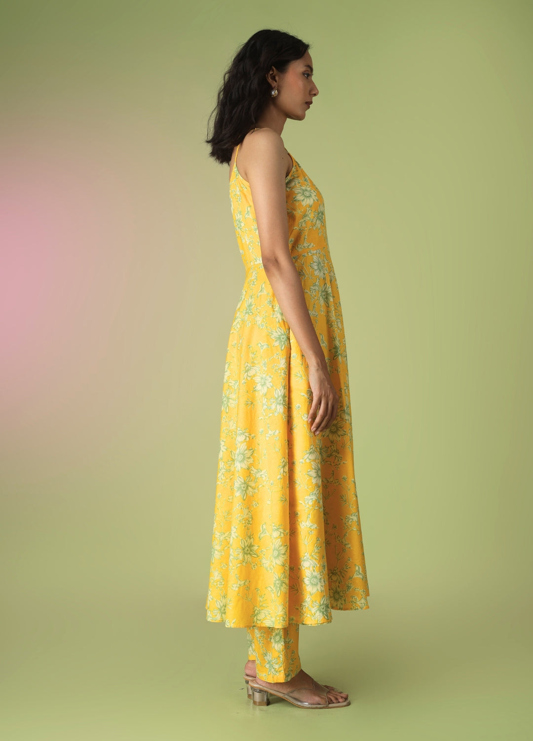 Yellow Printed Strappy Anarkali Set | JOVI India