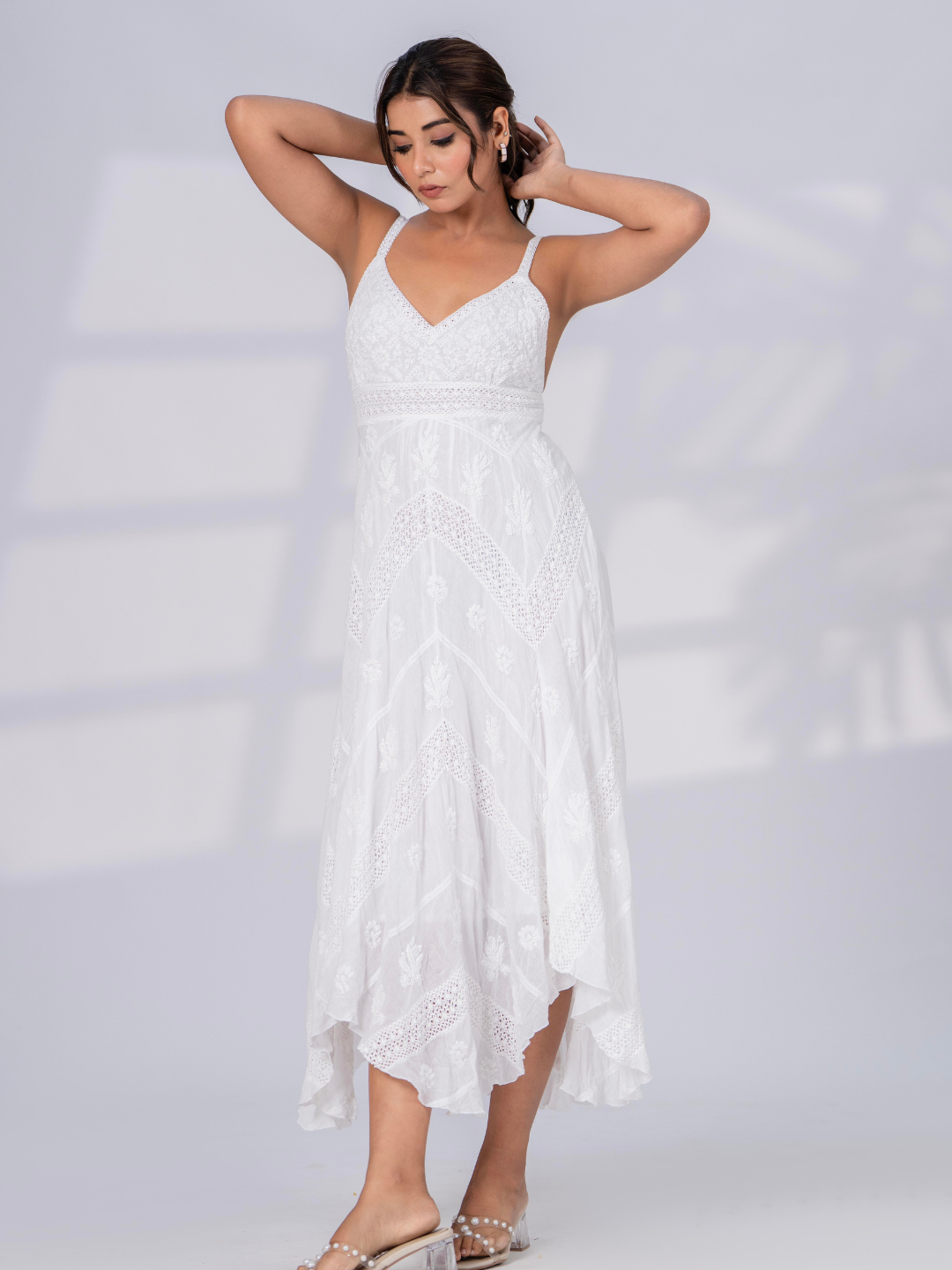 White Lacey Embroidered Maxi Dress | JOVI India